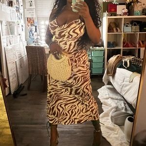 Zebra print brown and tan satin material dress with string strapping